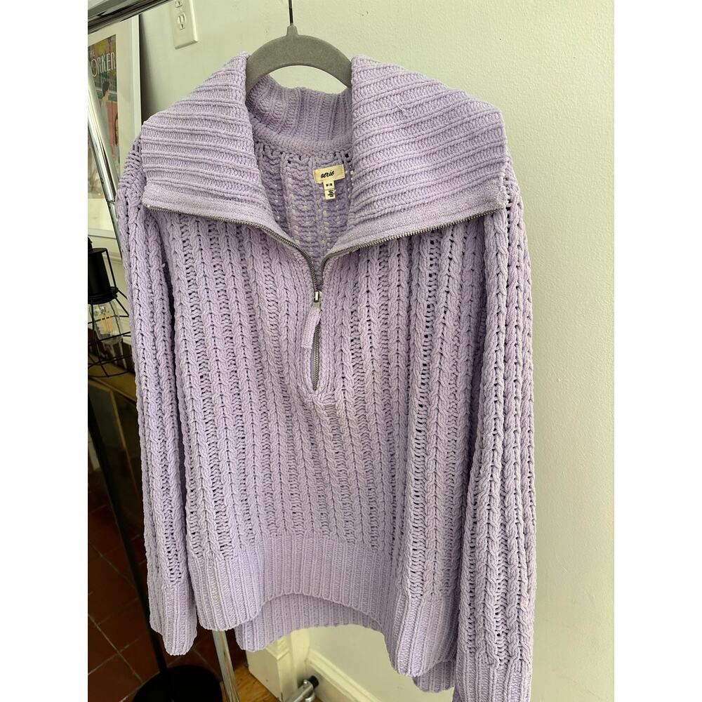 Aerie Lavender Cable Knit Quarter Zip Sweater Oversized Mock Neck Pullover - Picture 8 of 11